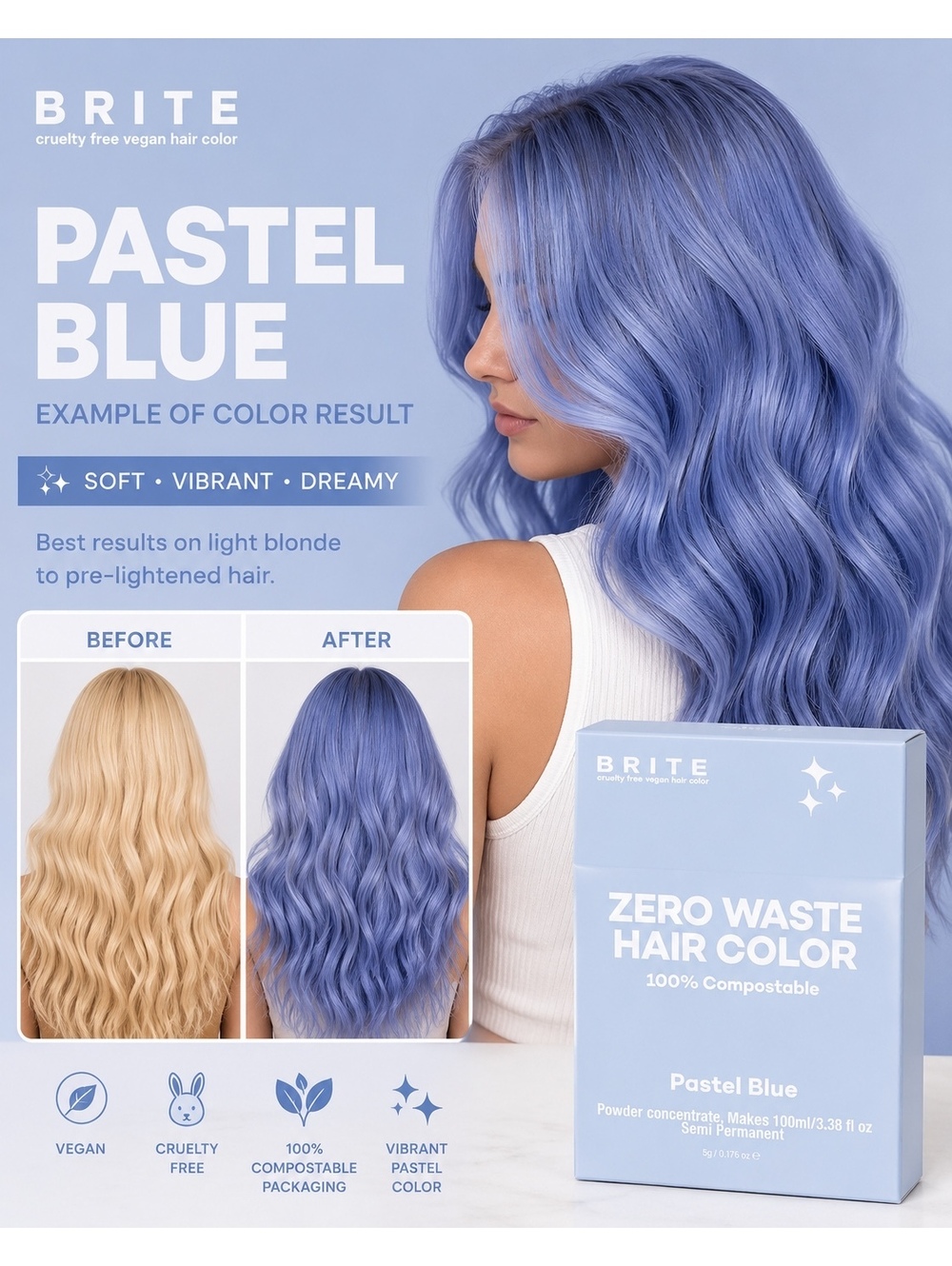 BRITE Zero Waste Hair Color Pastel Blue Semi Permanent Vegan Powder Dye 5g